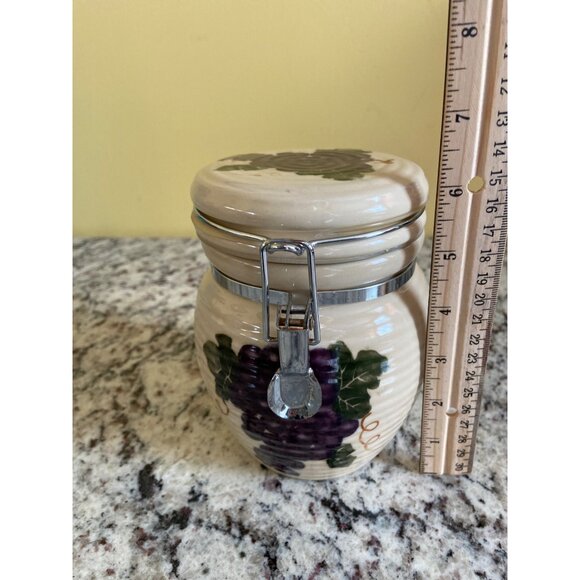 BasicVintage Ceramic Kitchen Canisters Grape Design Metal Clamp Lids Set Of 2 - Picture 2 of 7